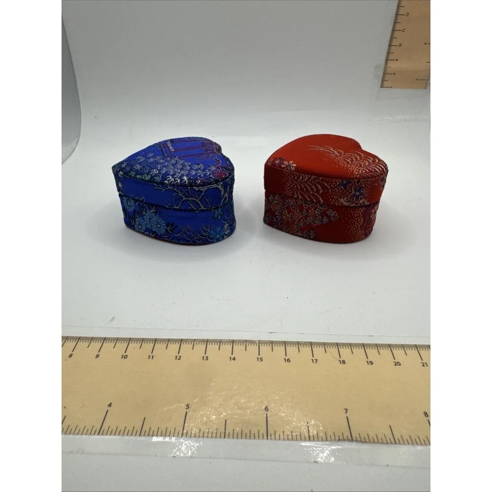 Set Of 2 Asian Ring Jewelry Box Compact Fabric Floral Portable - Heart Shaped